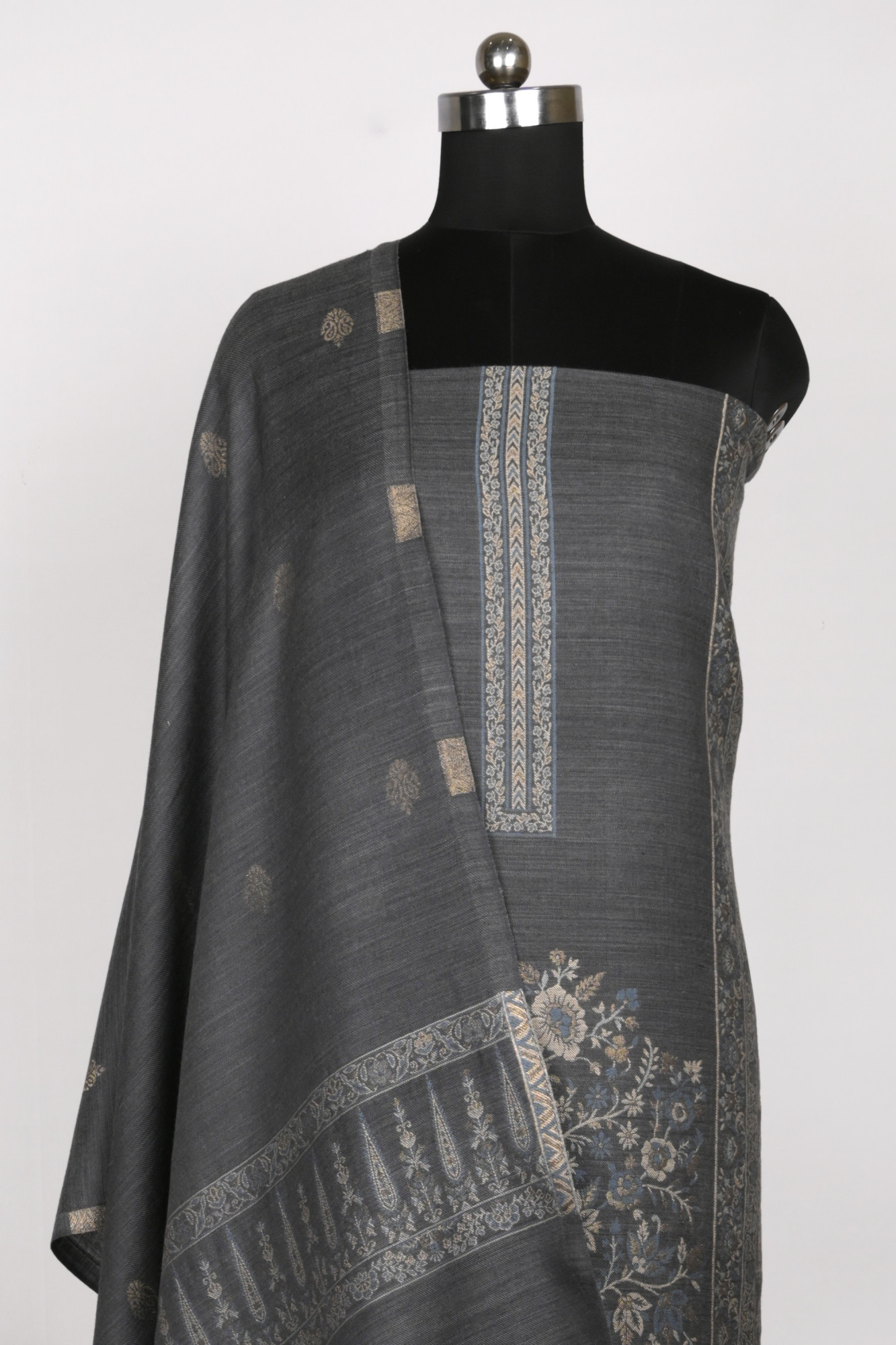 Grey Pure Pashmina Suit Set with Pashmina Dupatta - PASH1401A