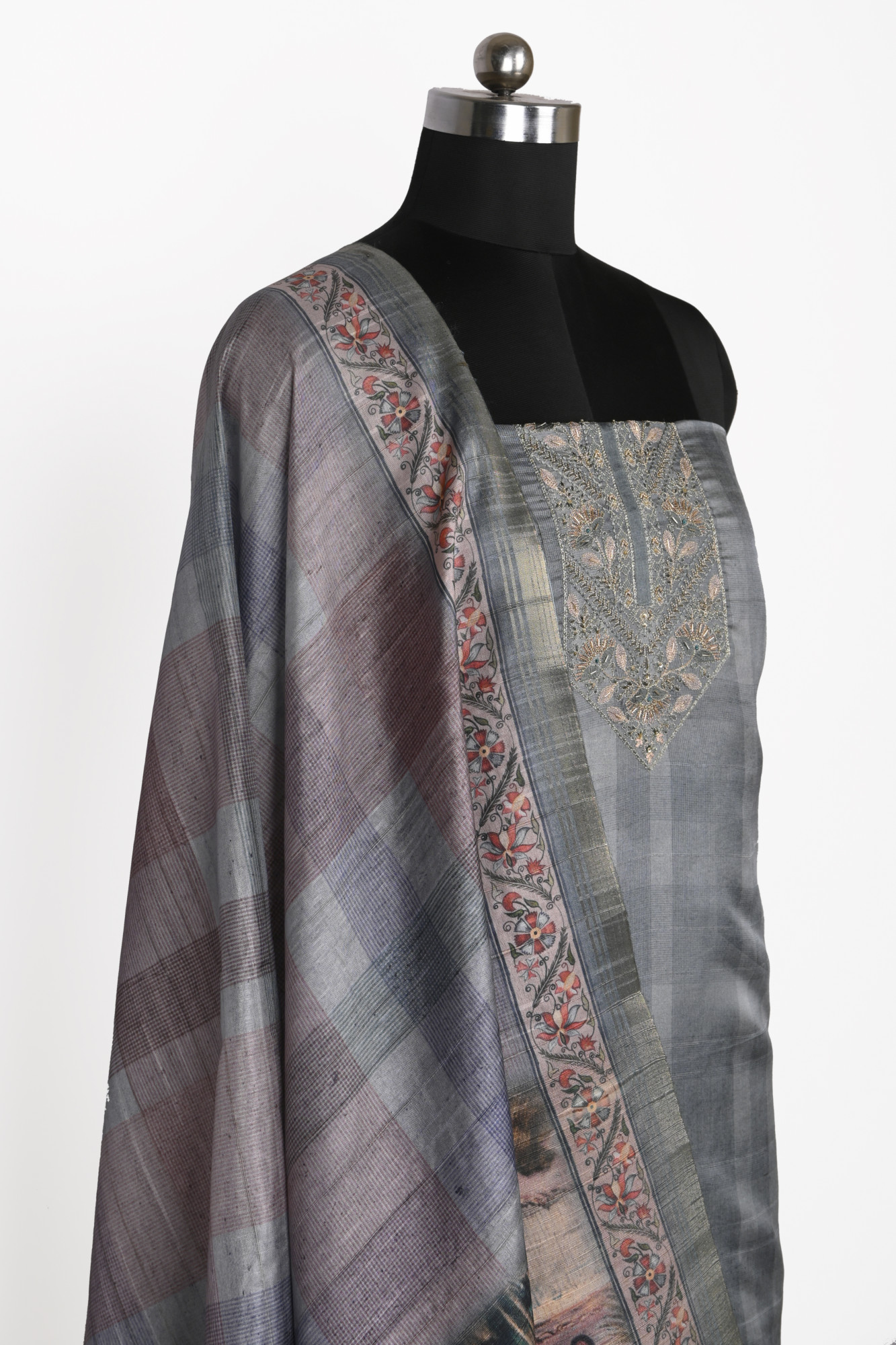 Grey Art Tussar Unstitch Suit with Dupatta - R157-SPR2454A