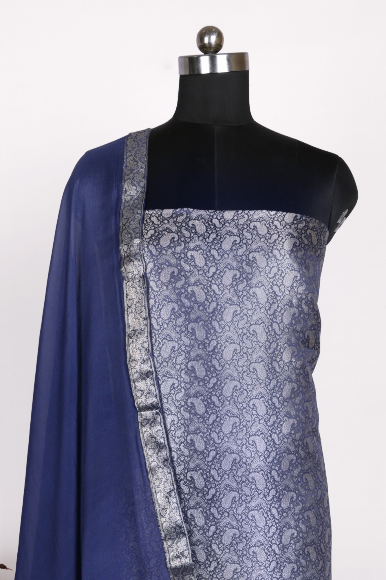 Blue Brocade Suit Set with Dupatta - 1021-BCD-1