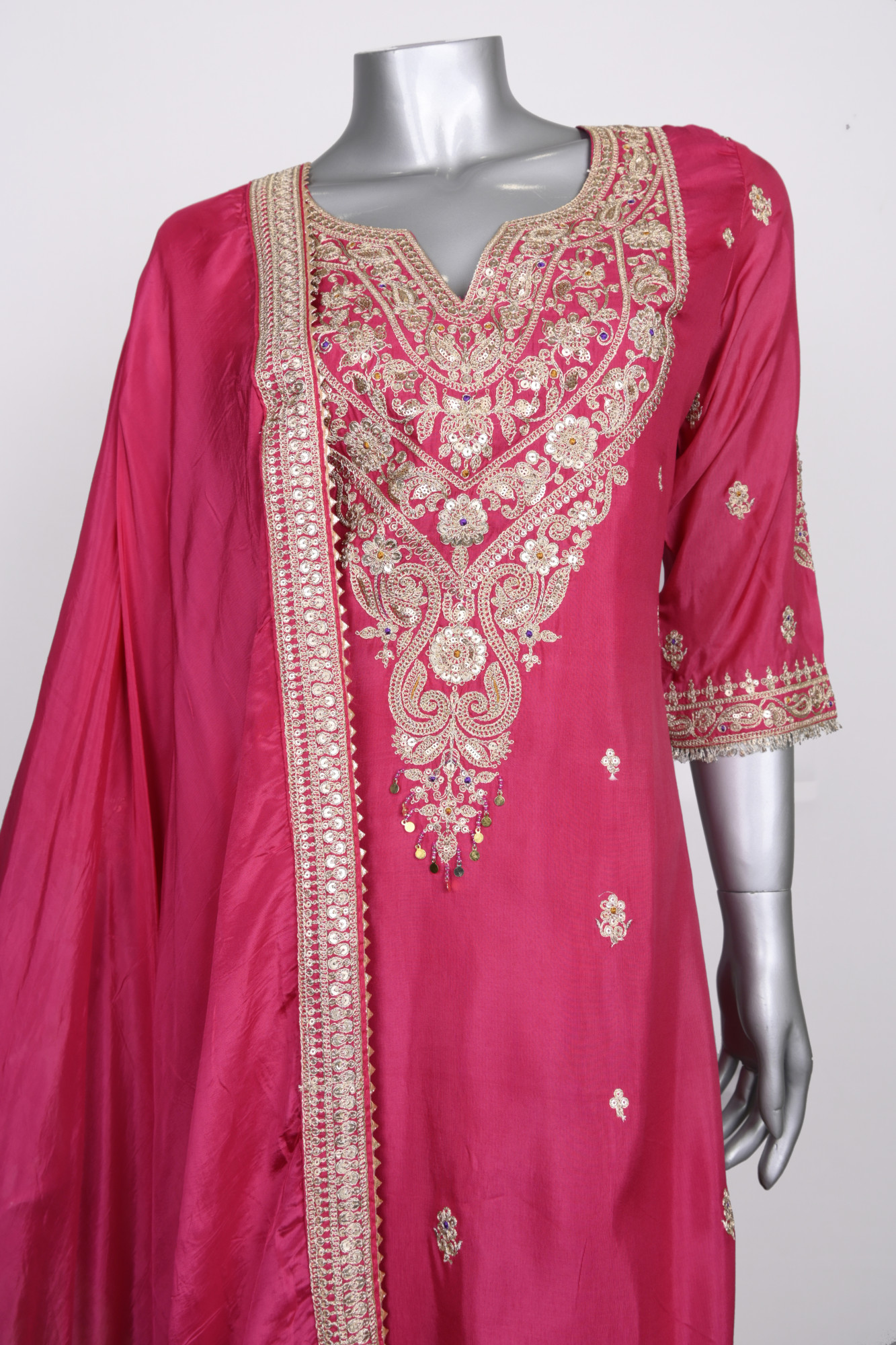 Magenta Satin Stitched Suit Set with Dupatta - 1023-1008