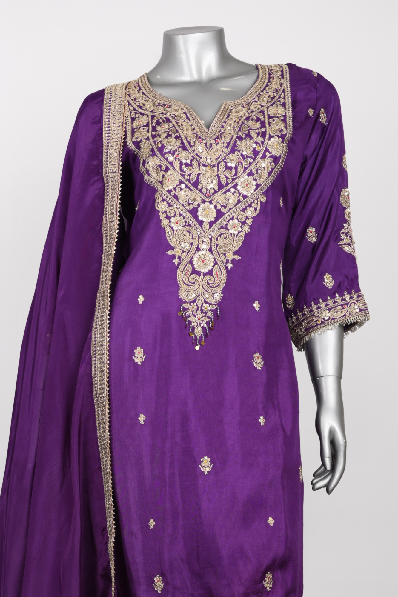 Purple Satin Stitched Suit Set with Dupatta - 1023-1008A