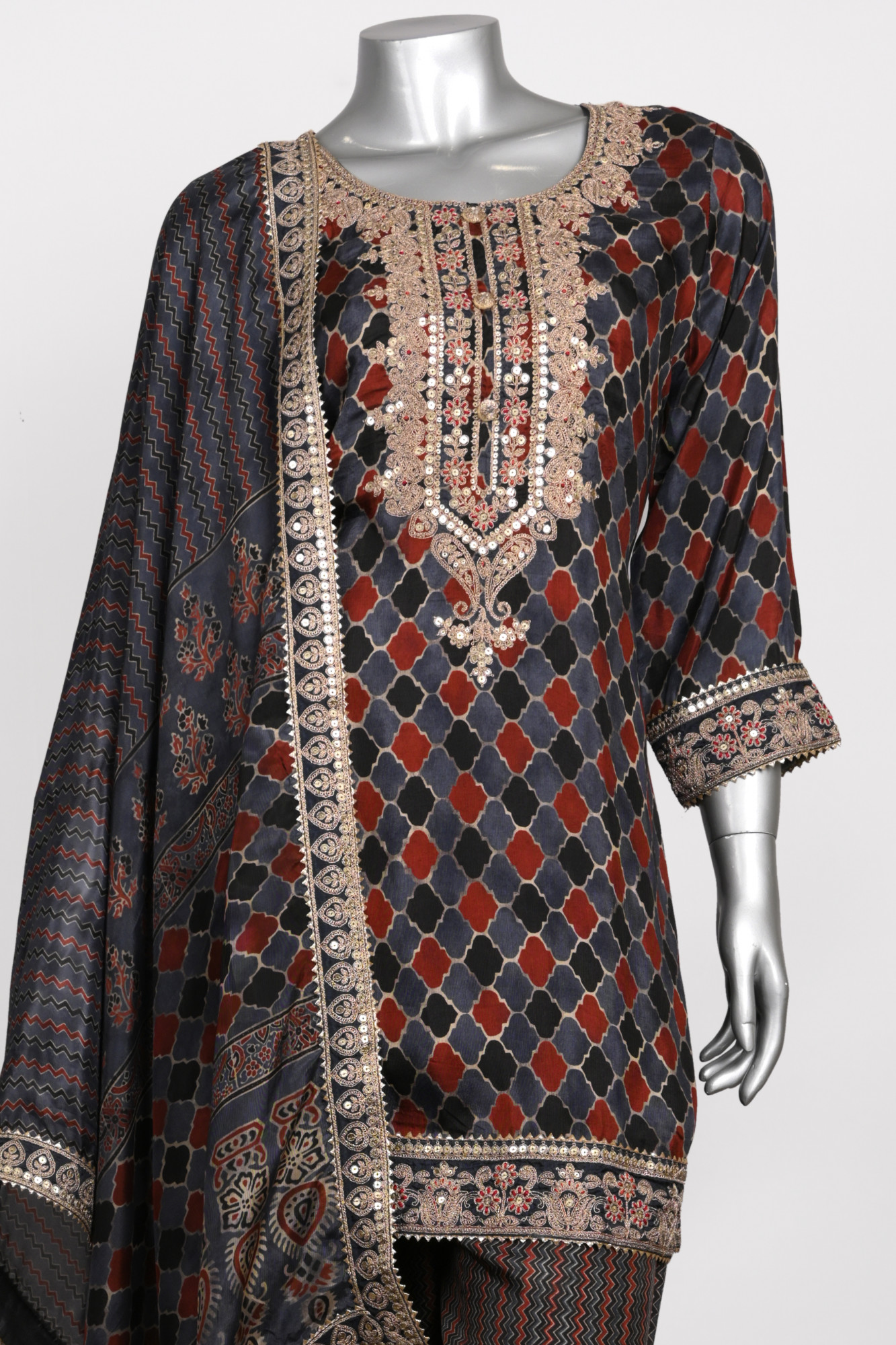 Maroon Satin Silk Stitched Suit Set with Dupatta - 1023-1024