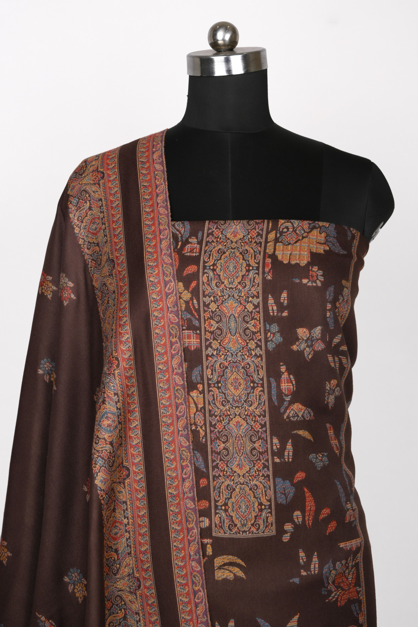 Brown Printed Pashmina Suit Set With Pashmina Dupatta - 1000-0484