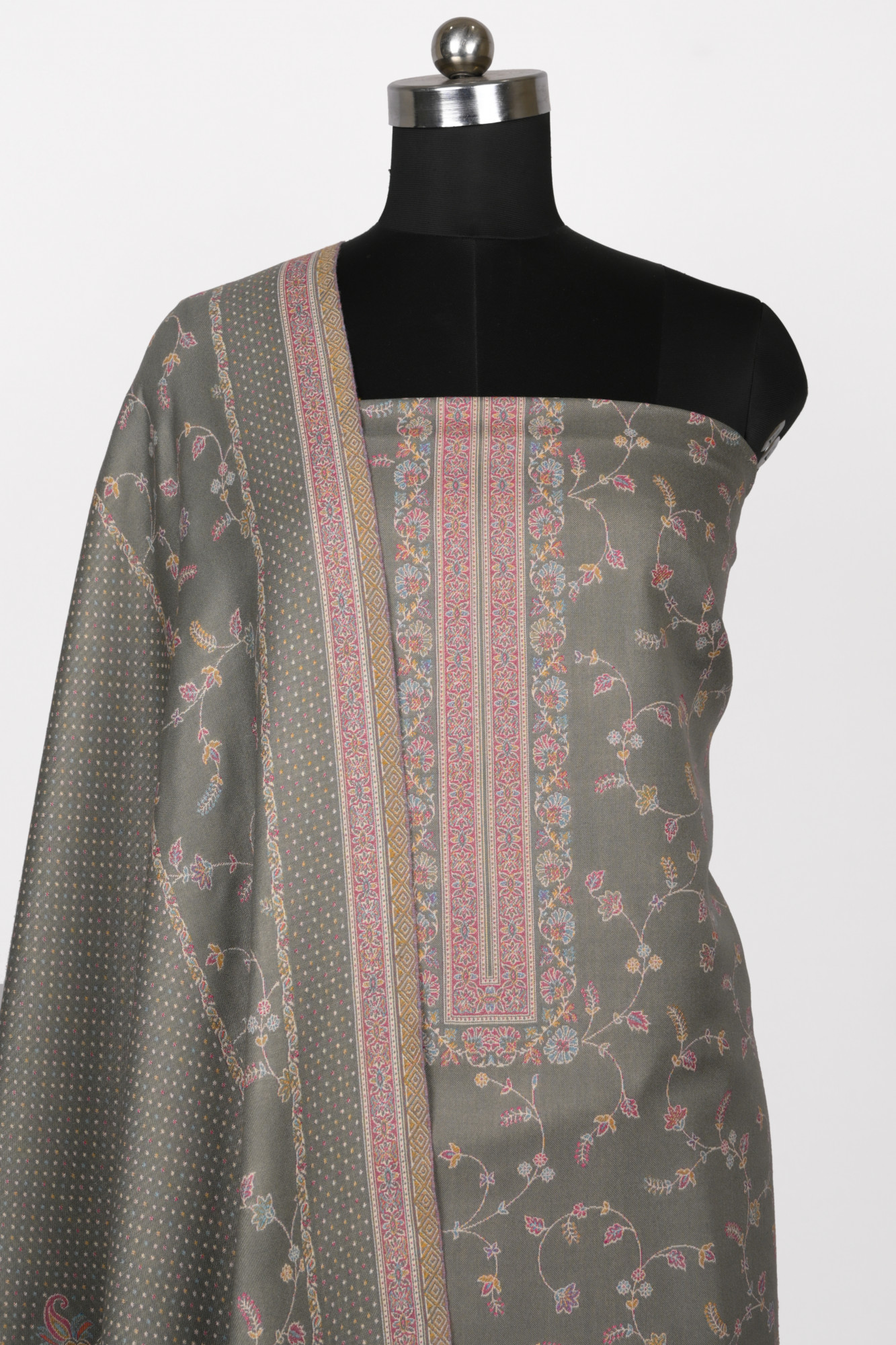 Grey Printed Pashmina Suit Set With Dupatta - 1000-0481A