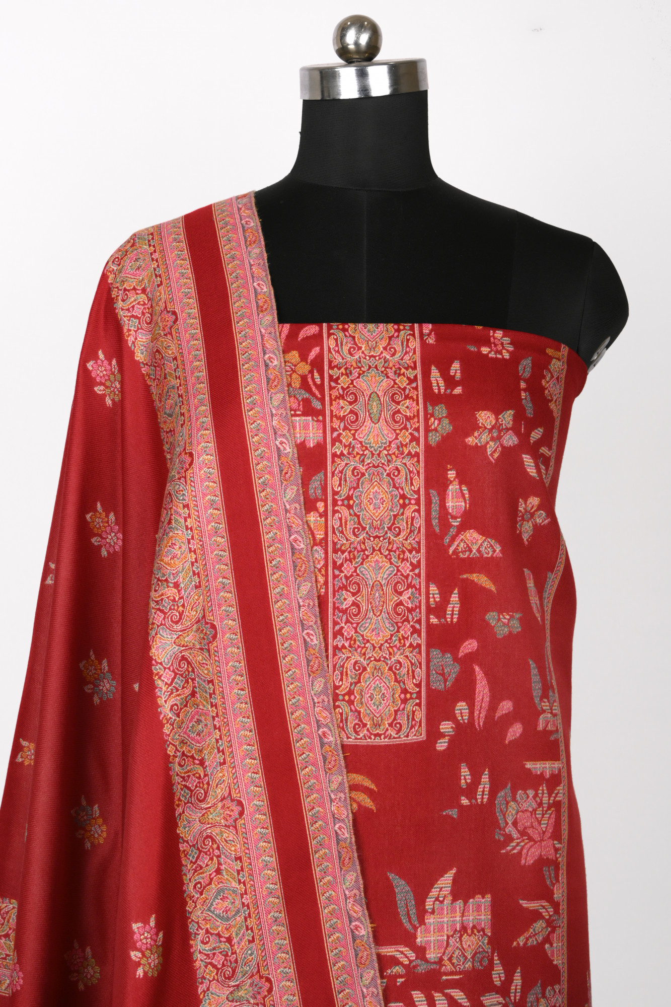 Red Printed Pashmina Suit Set With Dupatta - 1000-0484B