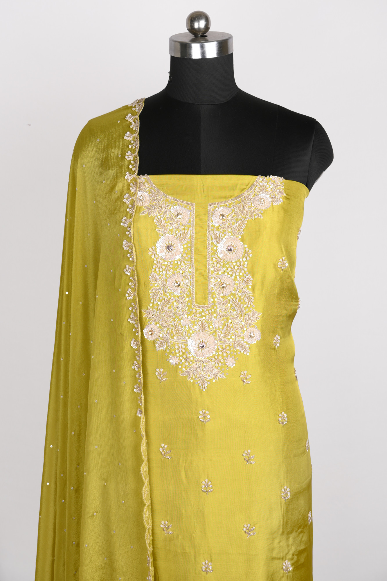 Green Satin Silk Suit Set with Chinon Dupatta - 969-3810A