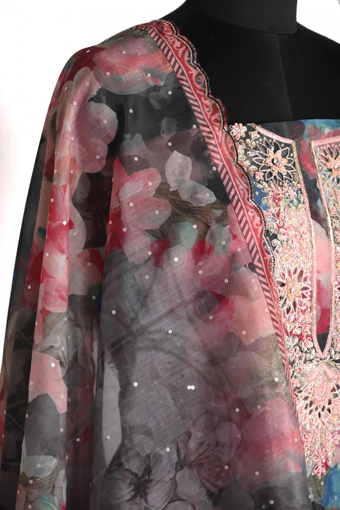 Black Unstitched Organza Beautiful Suit with Dupatta - 131-11039