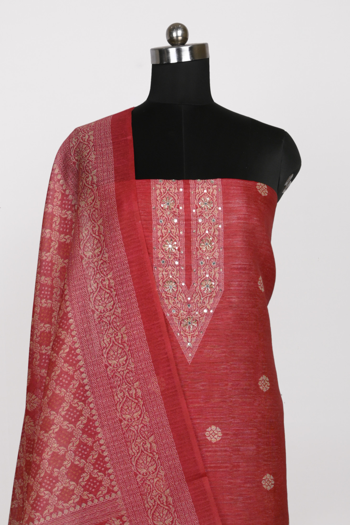 Red Chanderi Silk Unstitch suit set with Chanderi  silk Dupatta - 220-9083-1A