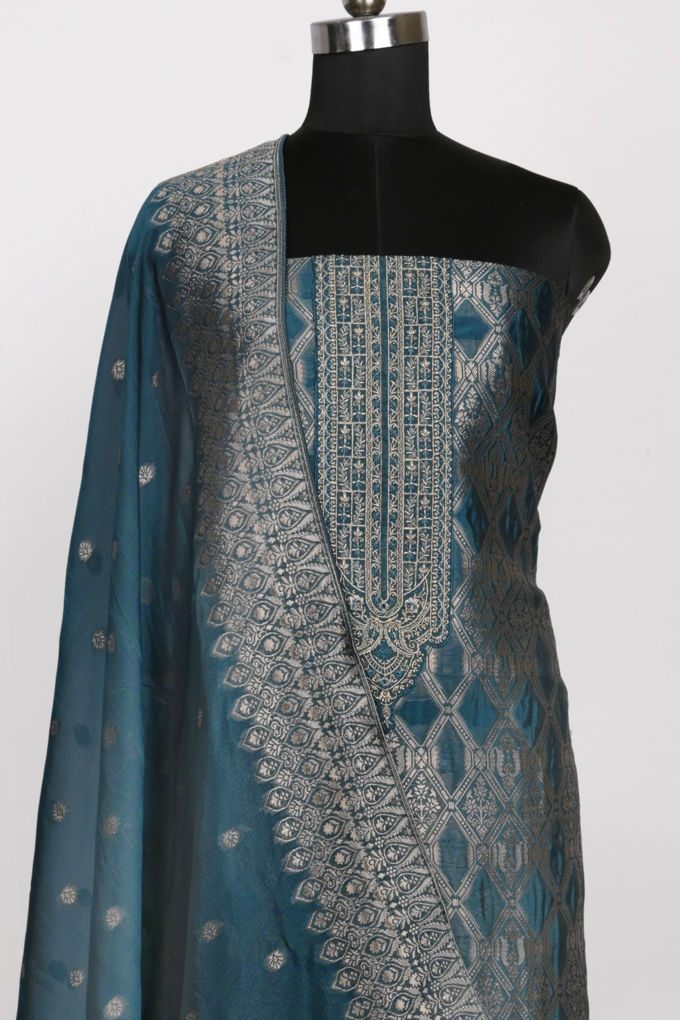 Blue Chanderi Silk Unstitch suit set with Chanderi silk Dupatta - 944-11143B