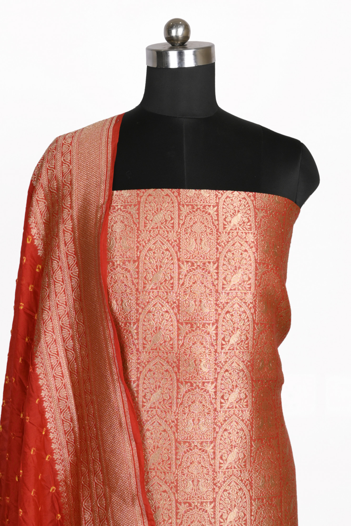 Red Brocade Suit Set with Dupatta - 933-12755-A
