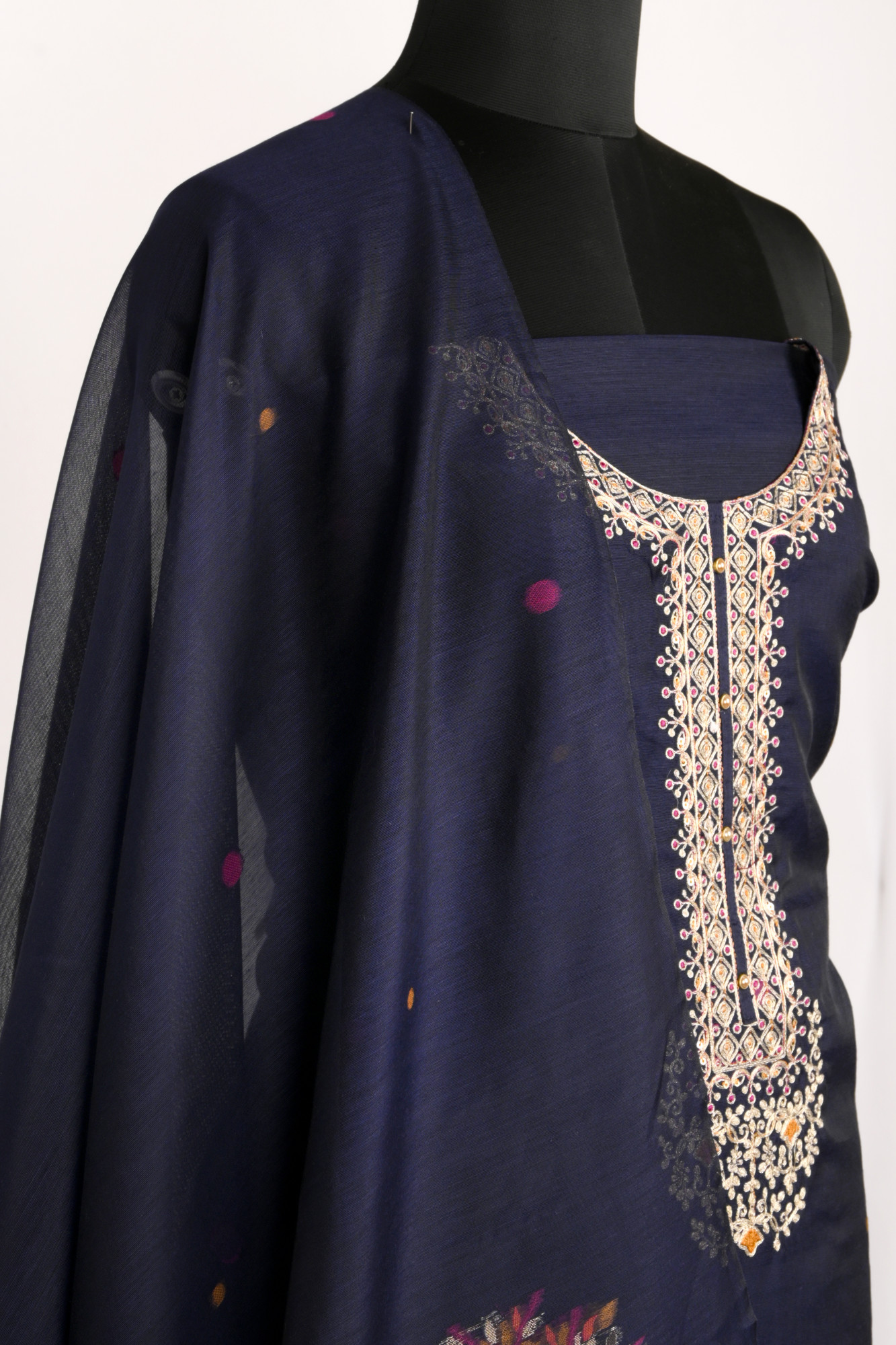 Navy Blue Chanderi Suit Set with Beautiful Dupatta - S25VEMY7054A