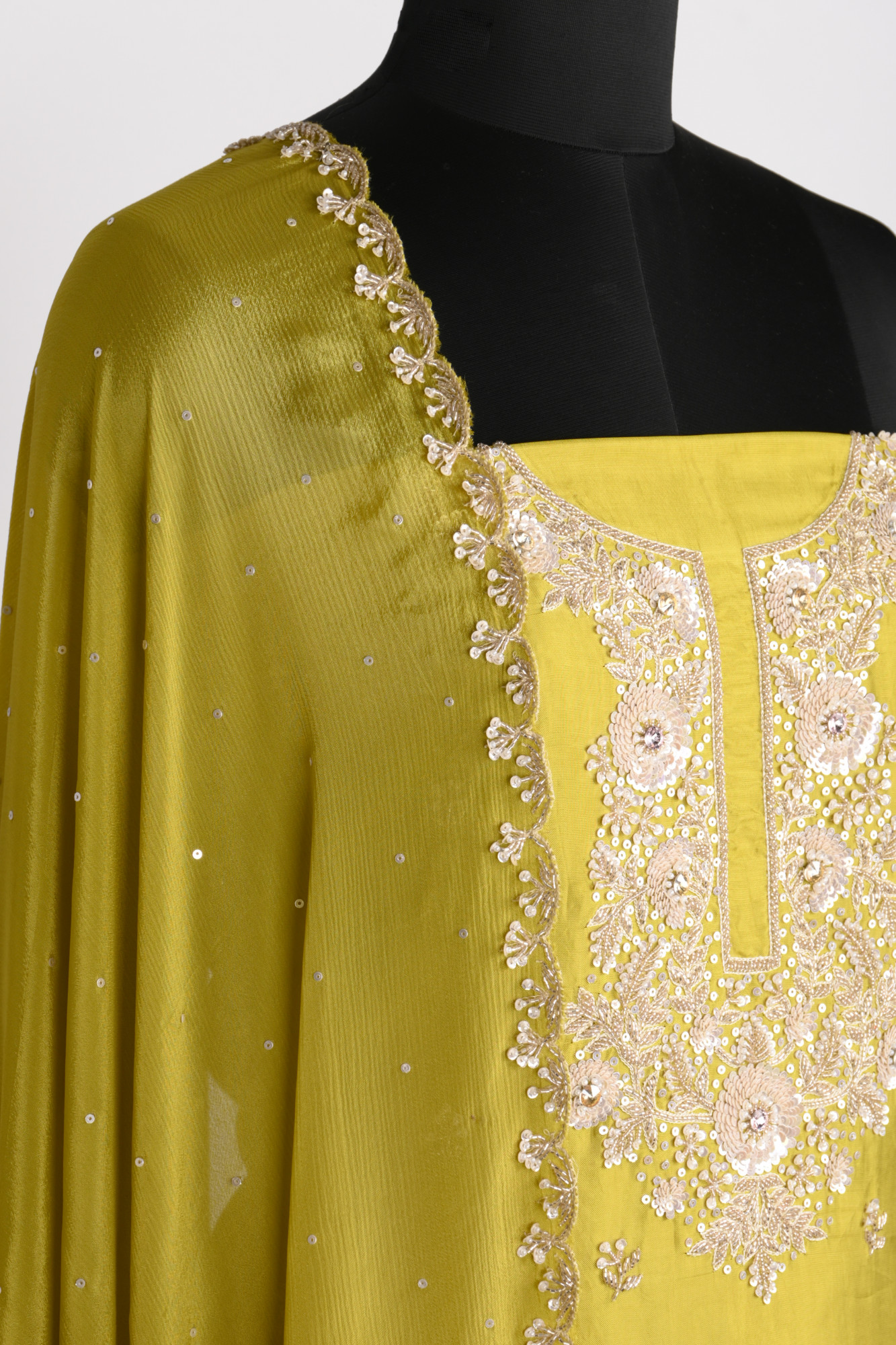 Green Satin Silk Suit Set with Chinon Dupatta - 969-3810A