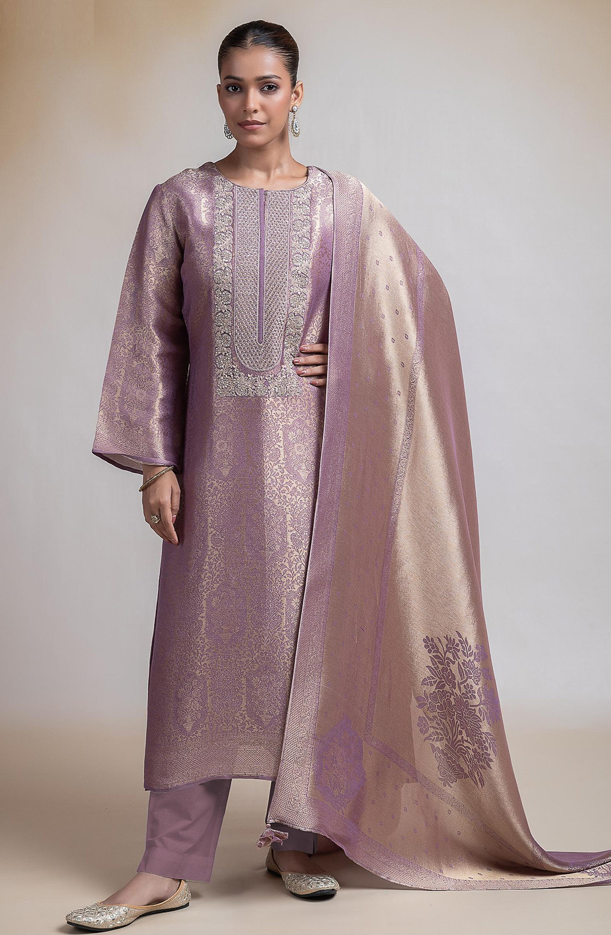 Mauve Tissue Silk Jacquard Suit Set with Beautiful Dupatta - R157-SPR2387B