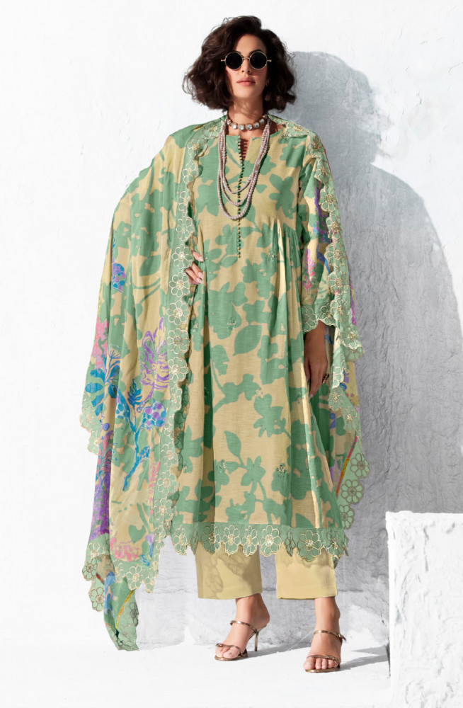 Image of Green Pure Muslin Suit set with Dupatta- ICO9762