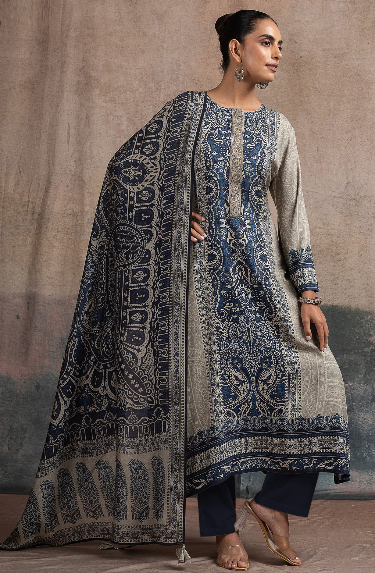 Blue Pashmina Suit Set with Dupatta - R157-SPR2520