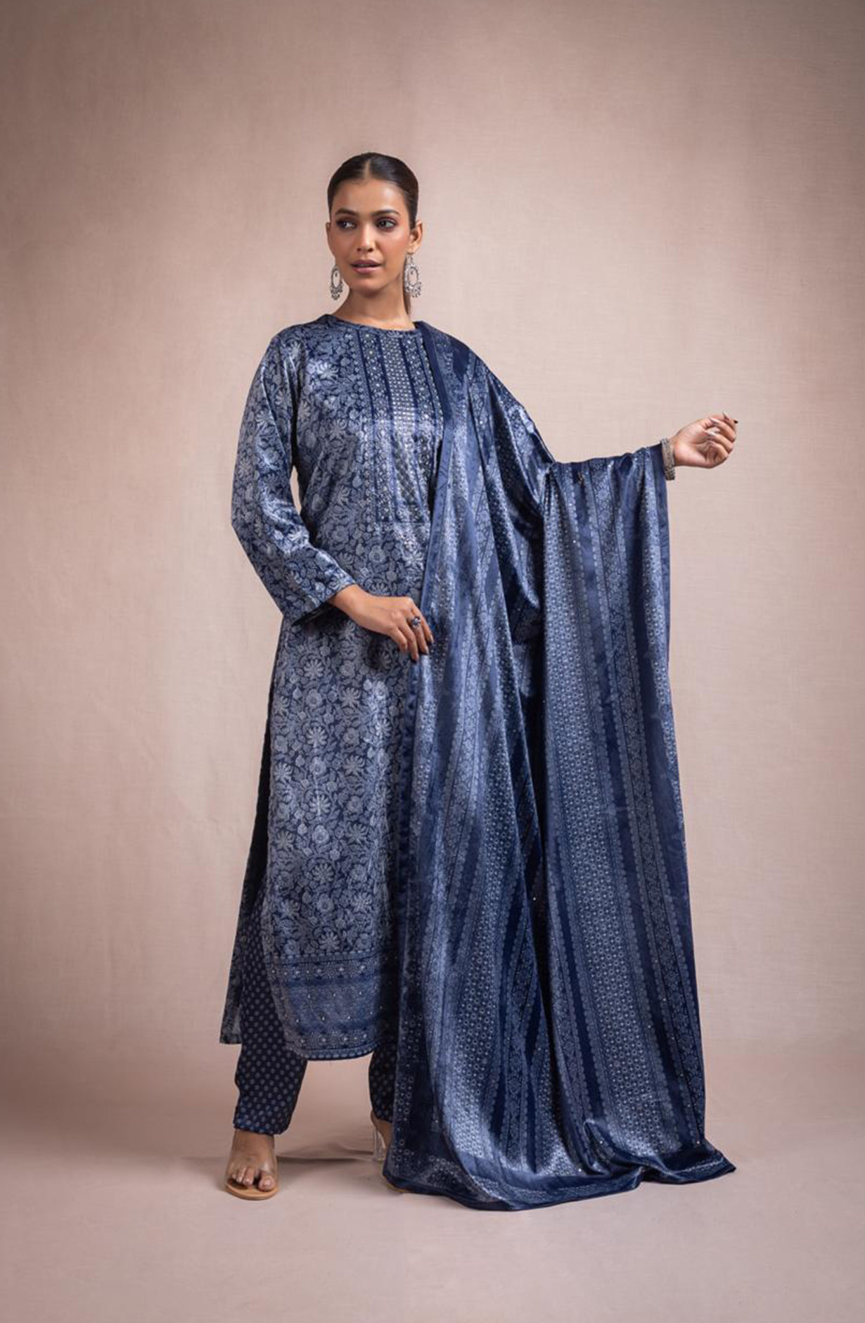 Blue Digital Printed Velvet Suit with Dupatta - ANO2116A