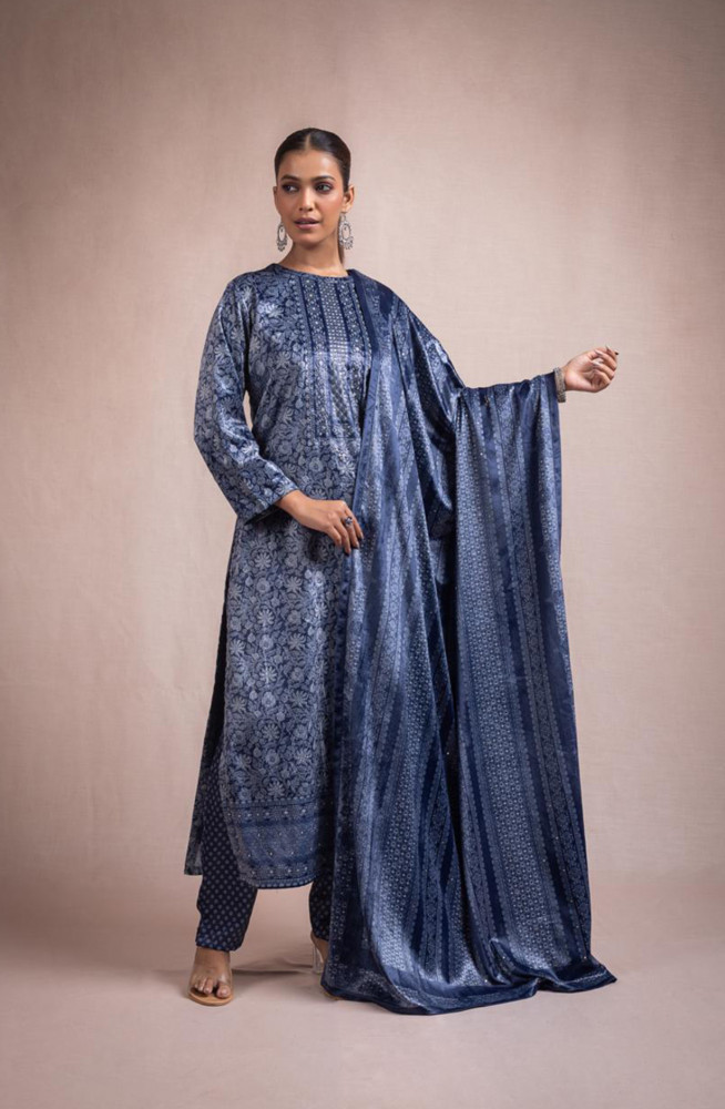 Image of Blue Digital Printed Velvet Suit with Dupatta - ANO2116A