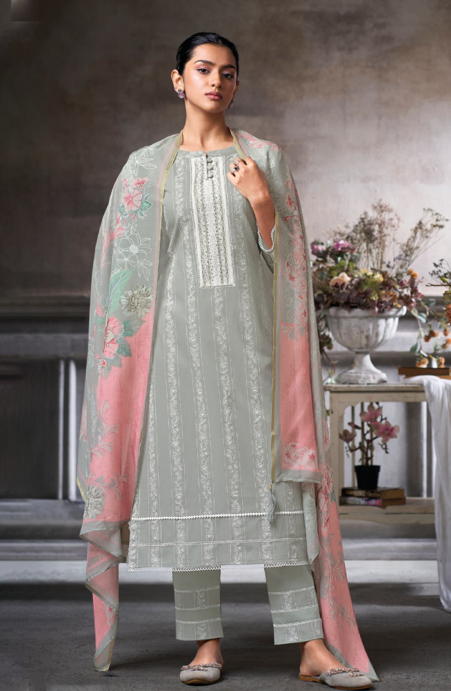 Image of Grey Cotton Beautiful Suit Set with Dupatta- VAA10352