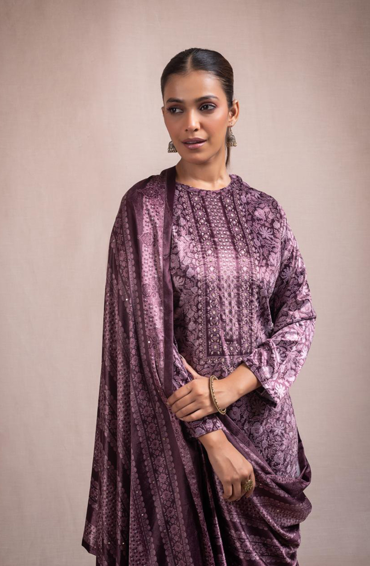 Mauve Digital Printed Velvet Suit with Dupatta - ANO2116C