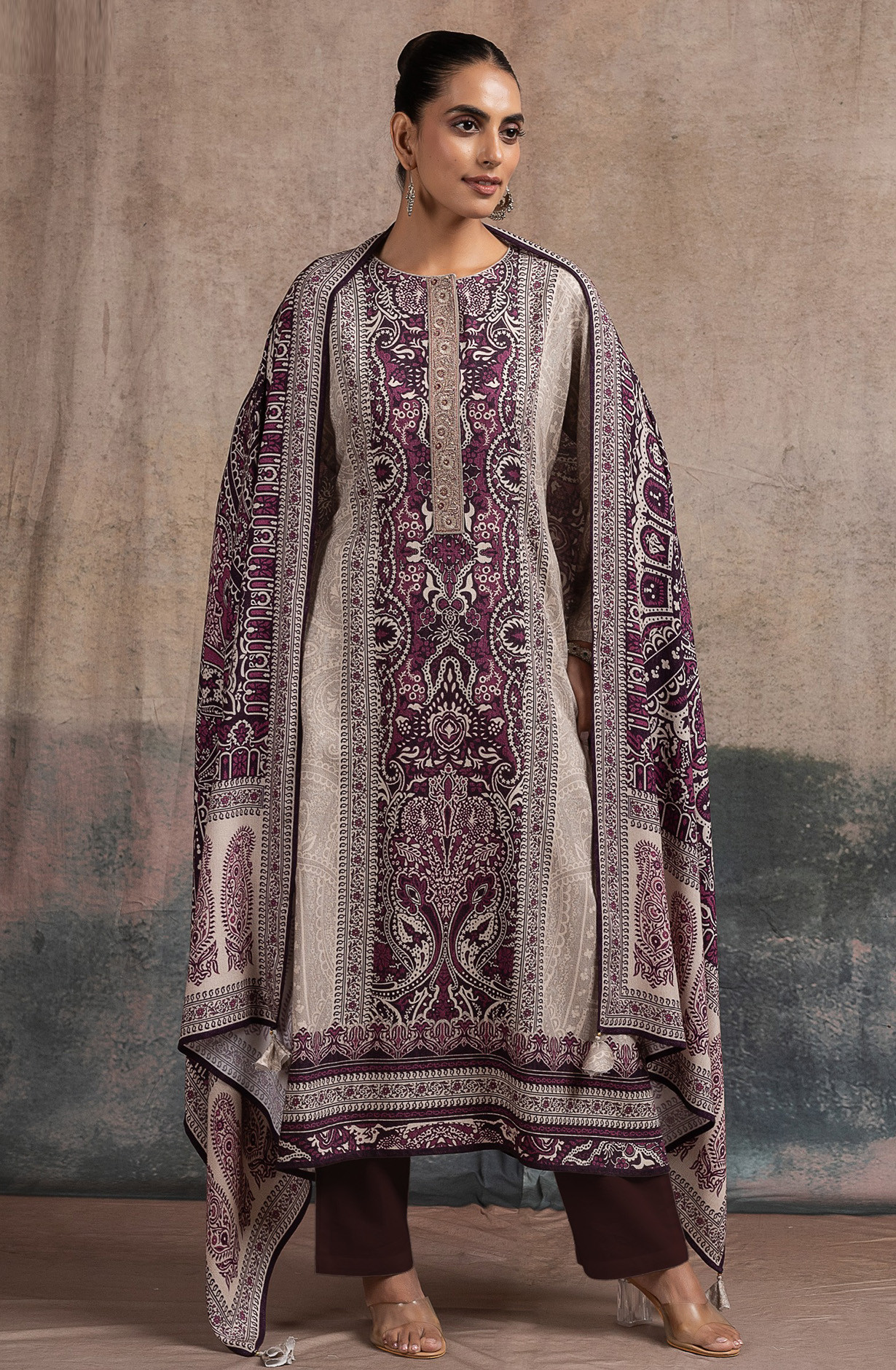Wine Pashmina Suit Set with Dupatta - R157-SPR2520A