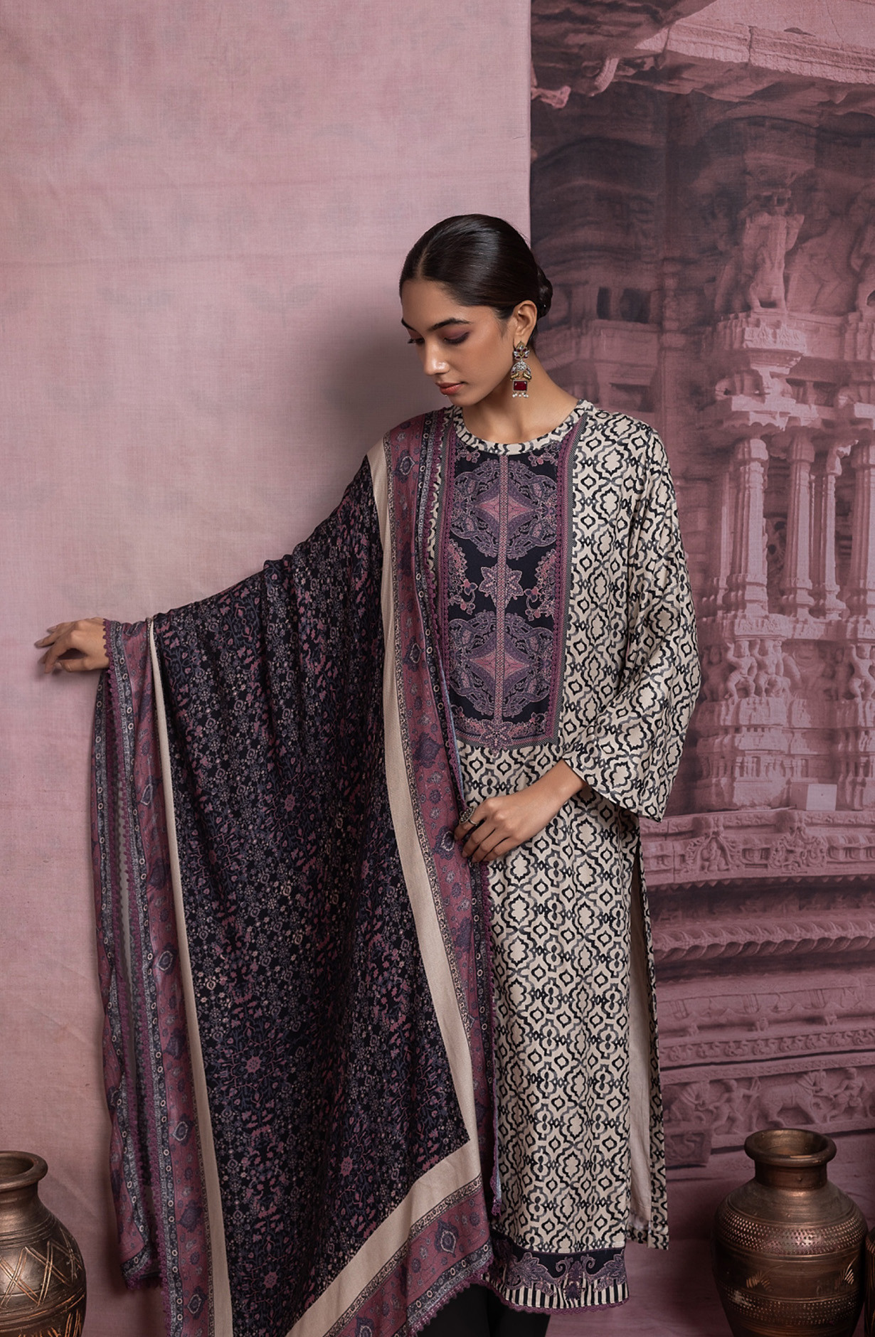 Mauve Pashmina Digital Printed Suit with Dupatta - FAS2035A