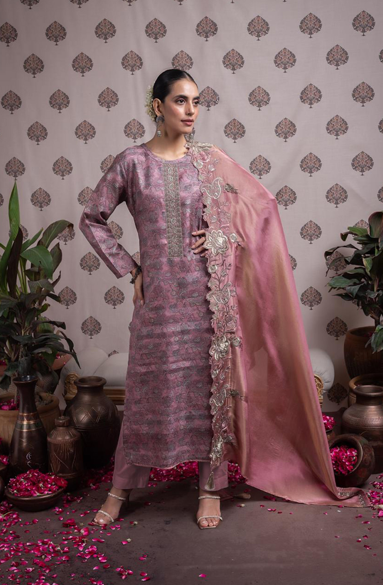 Mauve Silk Digital Prints Suit with Tissue Silk Dupatta - VID2102A