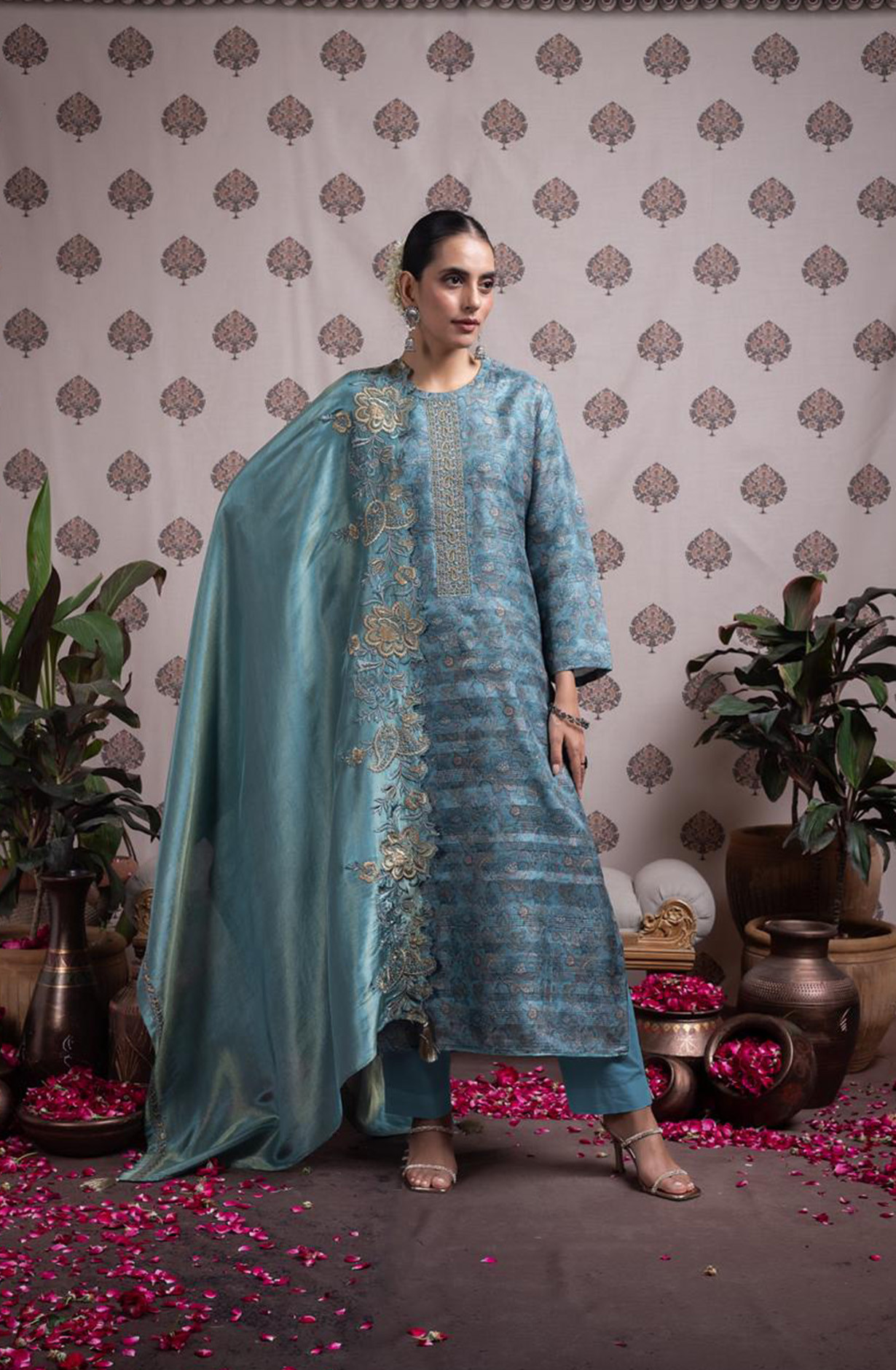 Green Silk Digital Prints Suit with Tissue Silk Dupatta - VID2102B