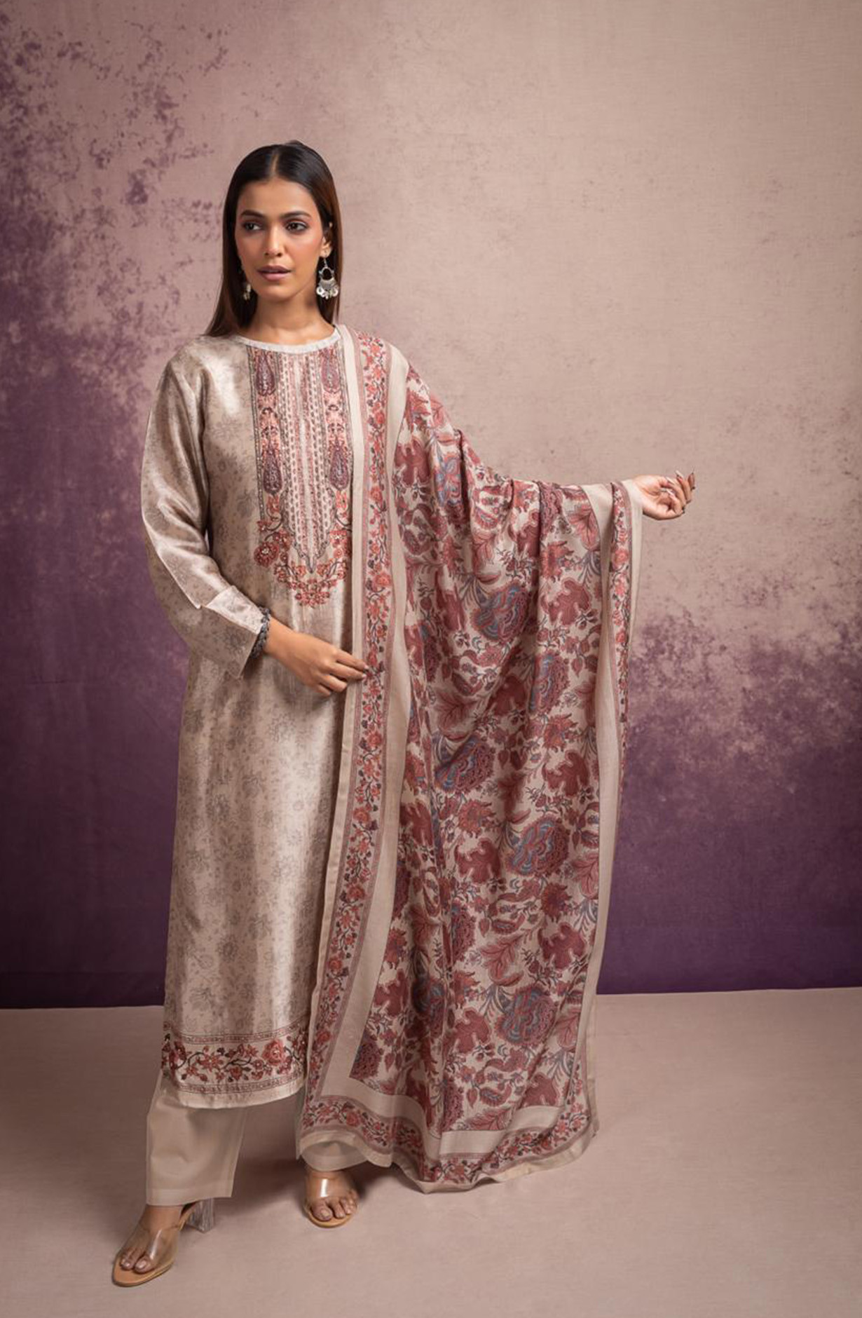 Brown Silk Digital Prints Suit with Pure Silk Dupatta - TOS2114A