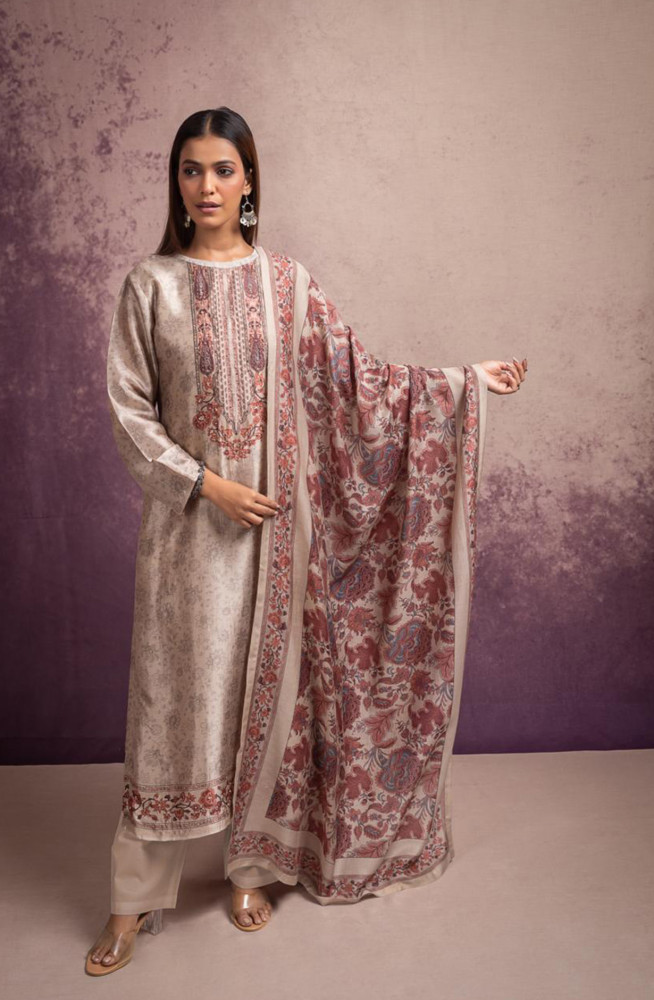 Image of Brown Silk Digital Prints Suit with Pure Silk Dupatta - TOS2114A