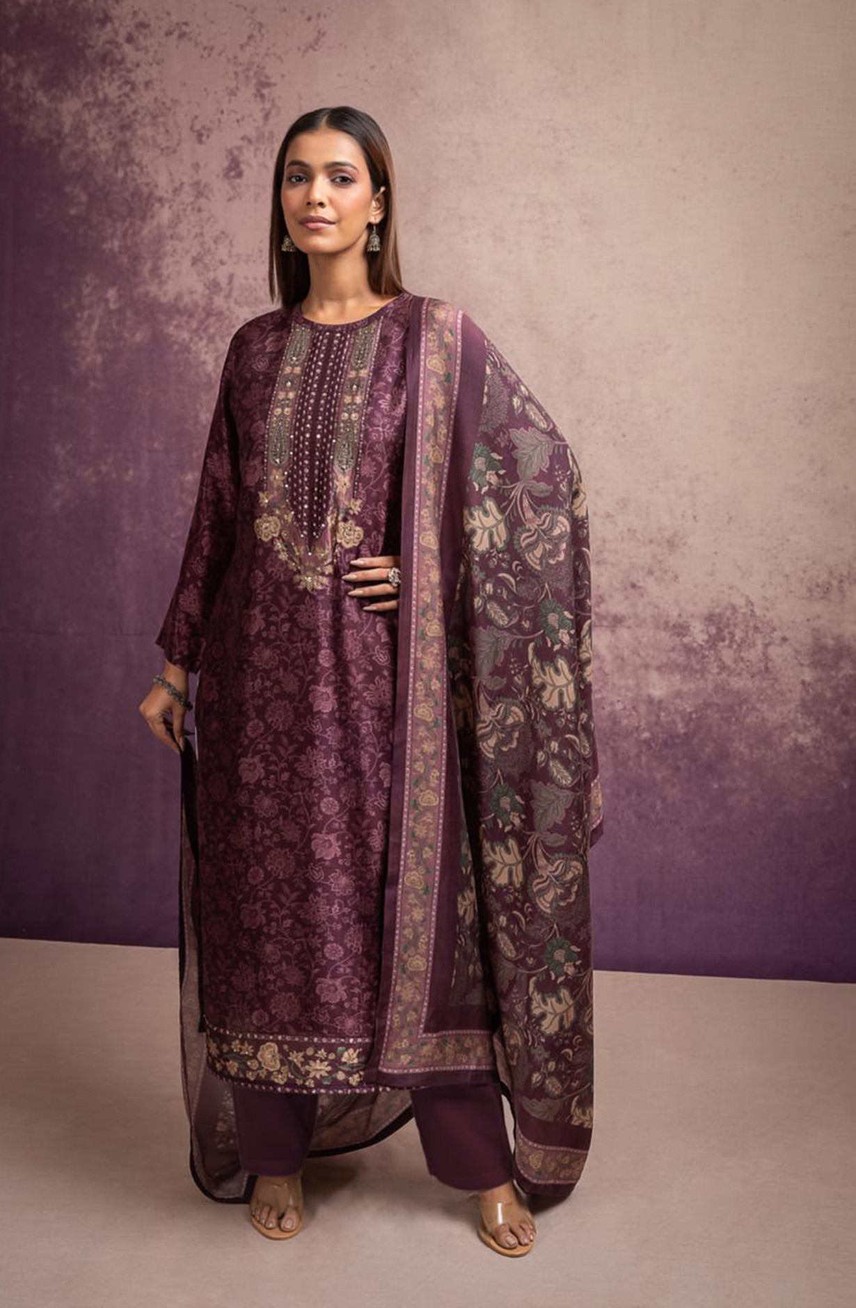 Wine Silk Digital Prints Suit with Pure Silk Dupatta - TOS2114B