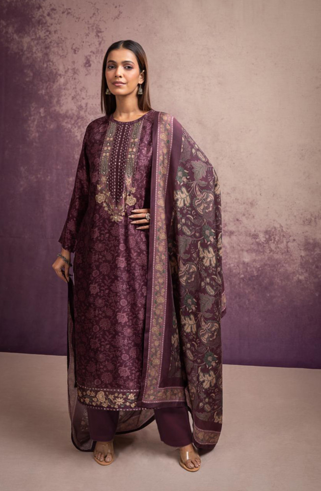 Image of Wine Silk Digital Prints Suit with Pure Silk Dupatta - TOS2114B