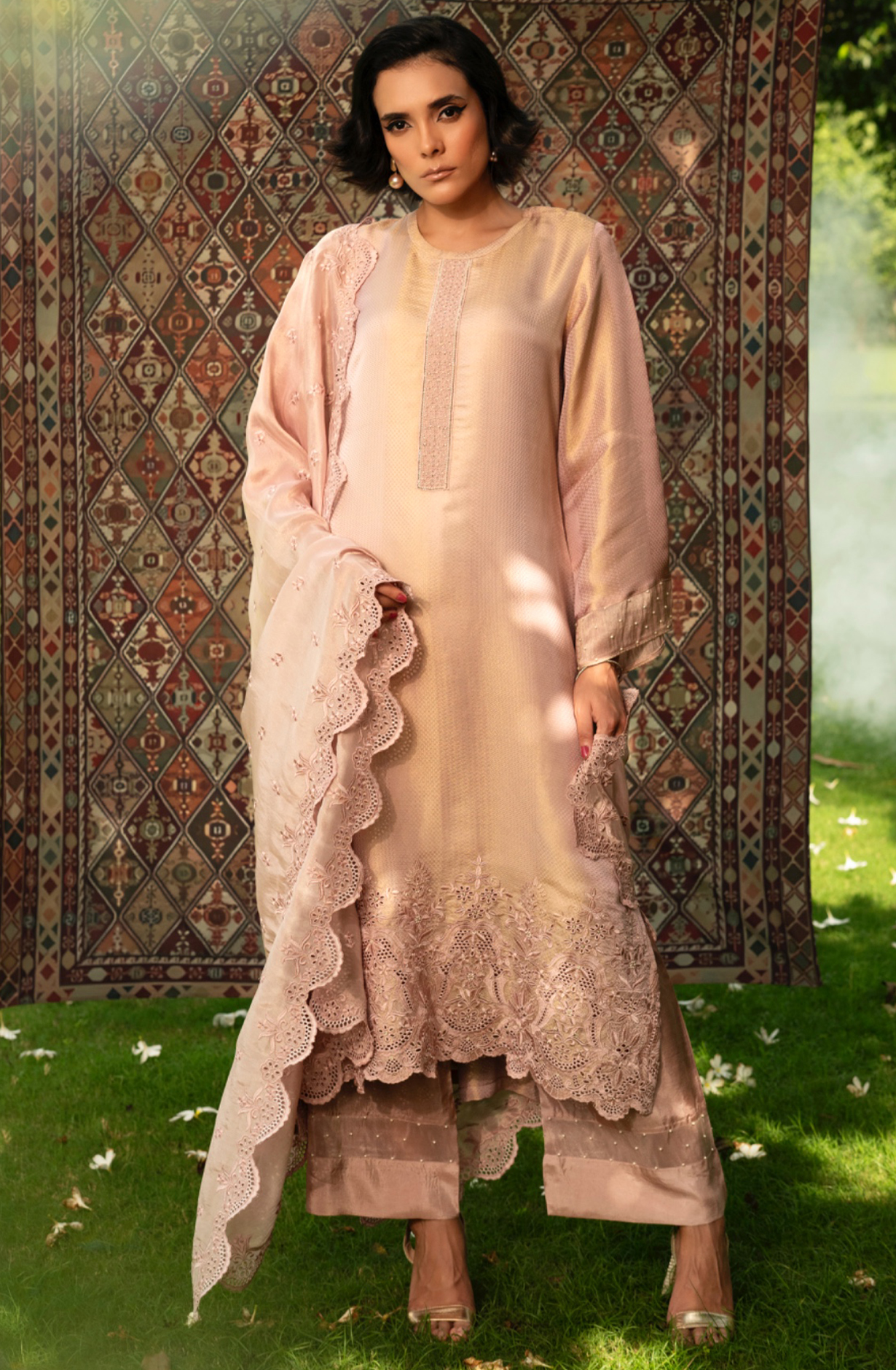 Peach Silk Jacquard Suit Set with Tissue Dupatta - ITSST2001A