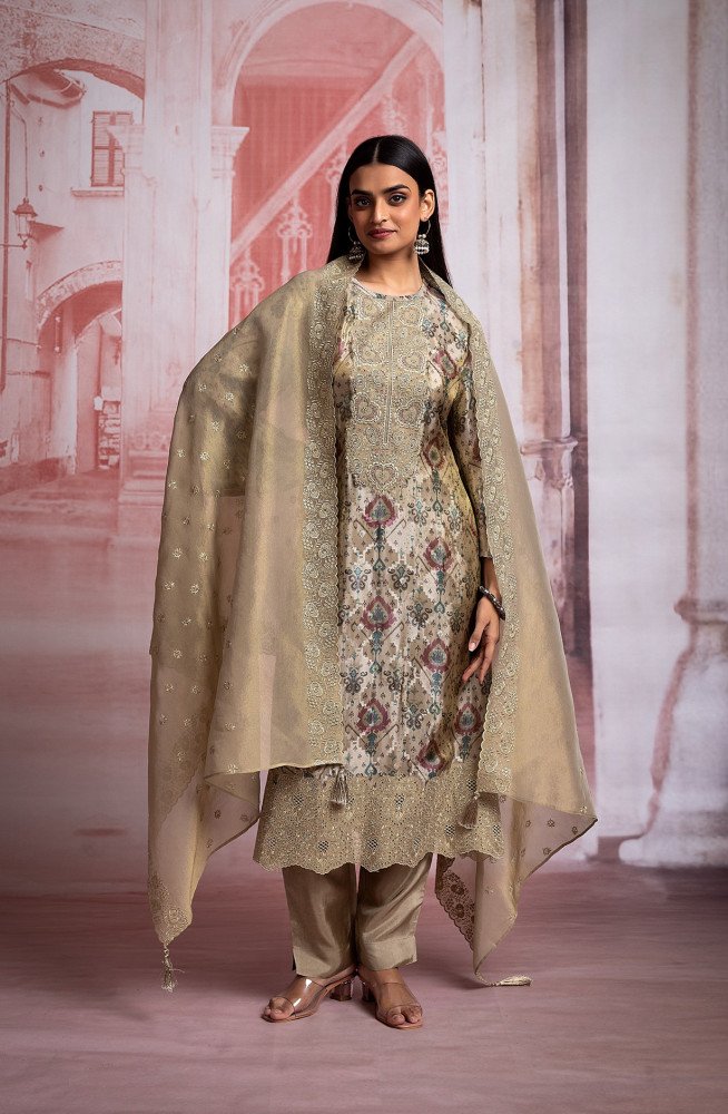 Image of Brown Tissue Silk Digital Print Suit with Beautiful Dupatta - SOO2222B