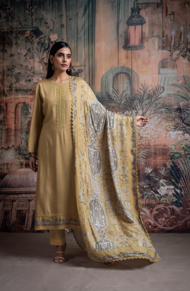Image of Yellow Pashmina Digital Printed Suit with Pashmina Dupatta - SIY2038A