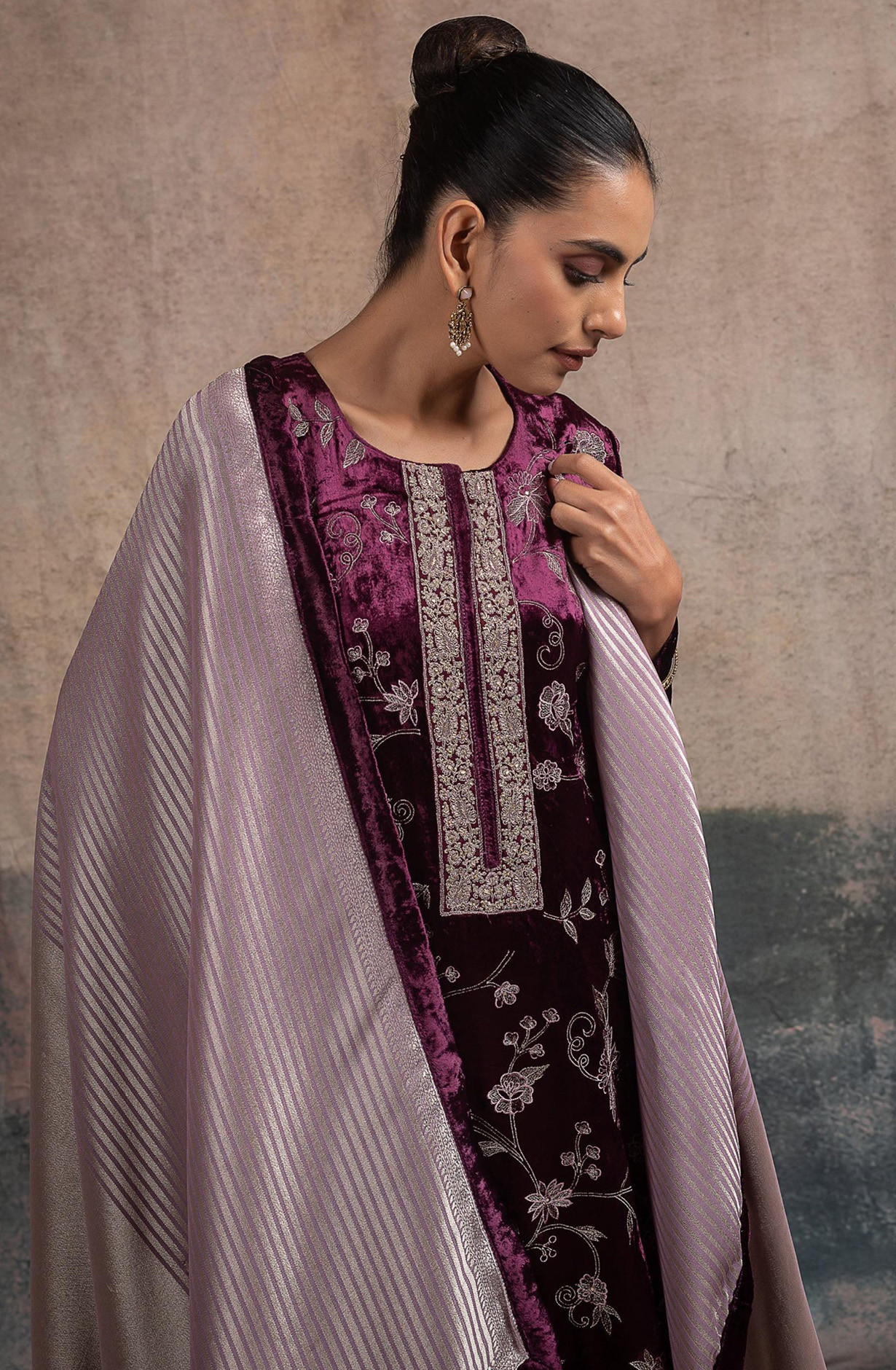 Wine Velvet Suit Set with Silk Jacquard Dupatta - R157-SPR2522B
