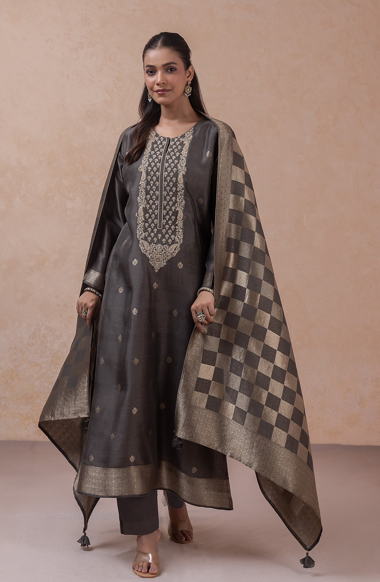 Grey Jacquard Silk Suit Set with Dupatta - R157-SPR2803
