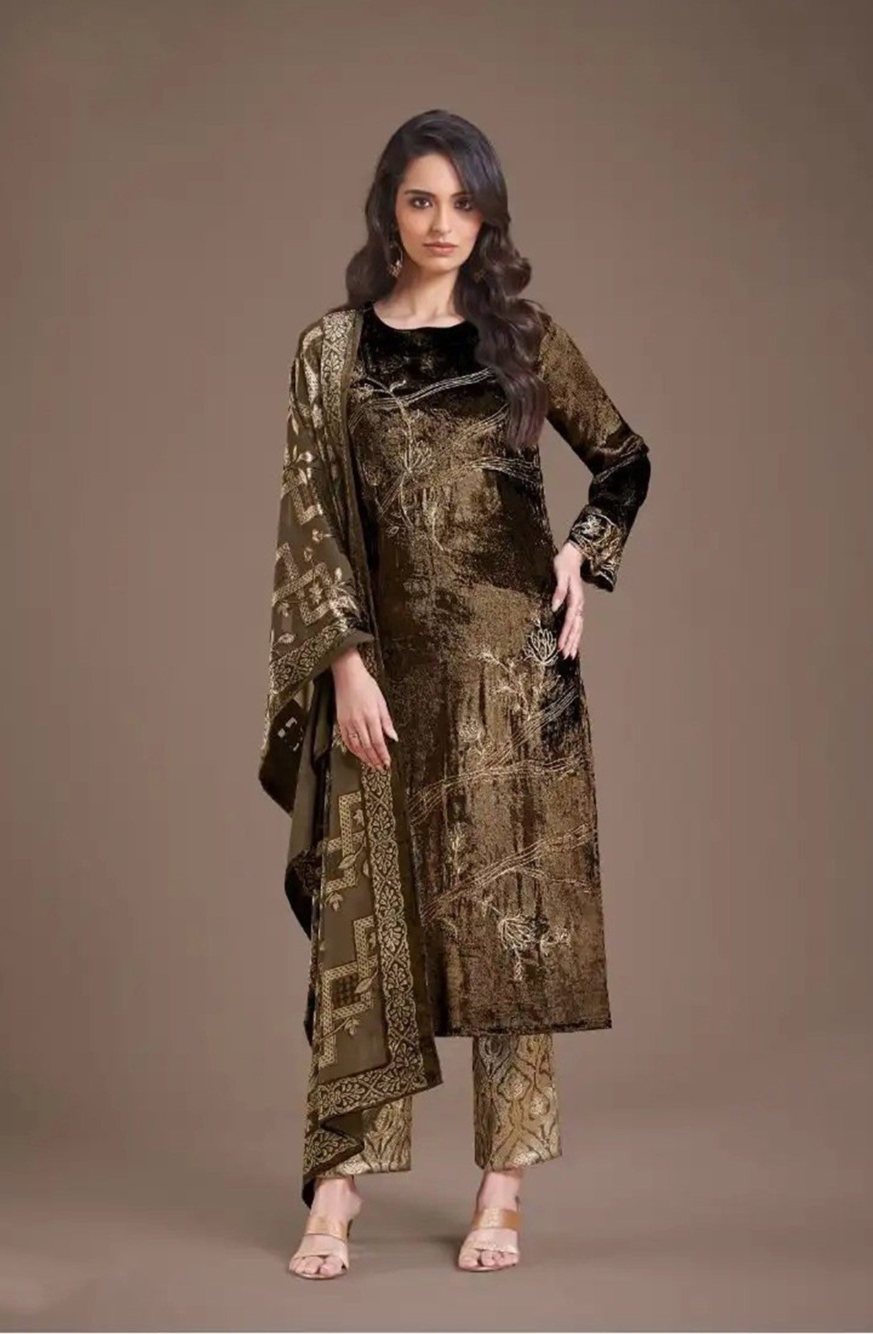 Brown Pure Viscose Velvet Suit with Dupatta - RIT8851A