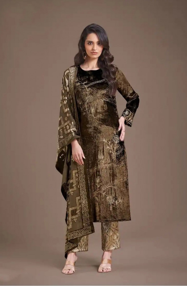 Image of Brown Pure Viscose Velvet Suit with Dupatta - RIT8851A