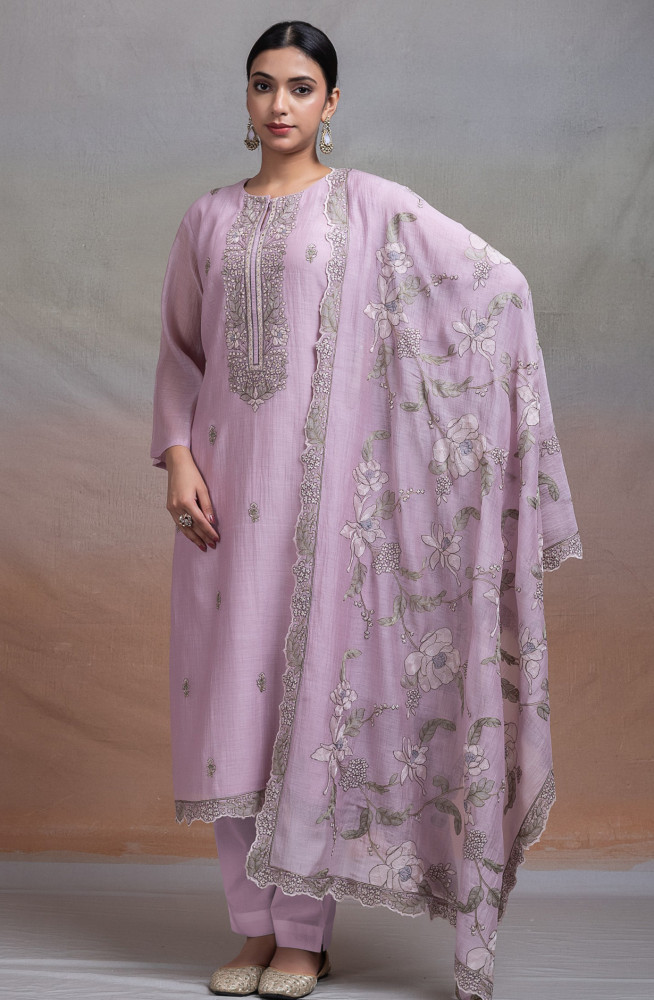 Image of Mauve Pure mul chanderi beautiful Suit Set with Dupatta - R157-SPR2647B