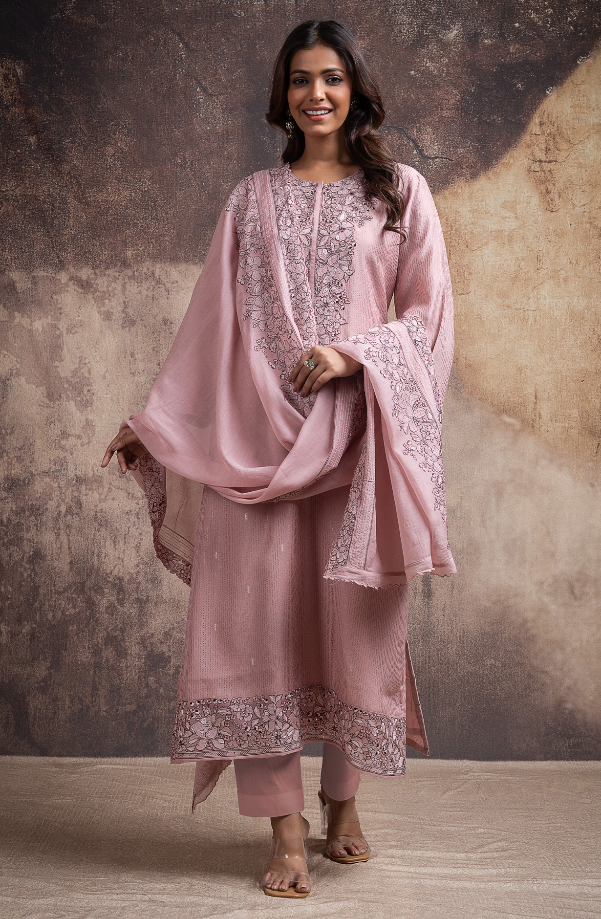 Peach Chanderi silk jacquard beautiful Suit Set with Dupatta - R157-SPR2698B