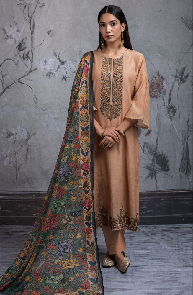Image of Beige Mul chanderi embroidered Suit Set with Dupatta - R157-SPR2724