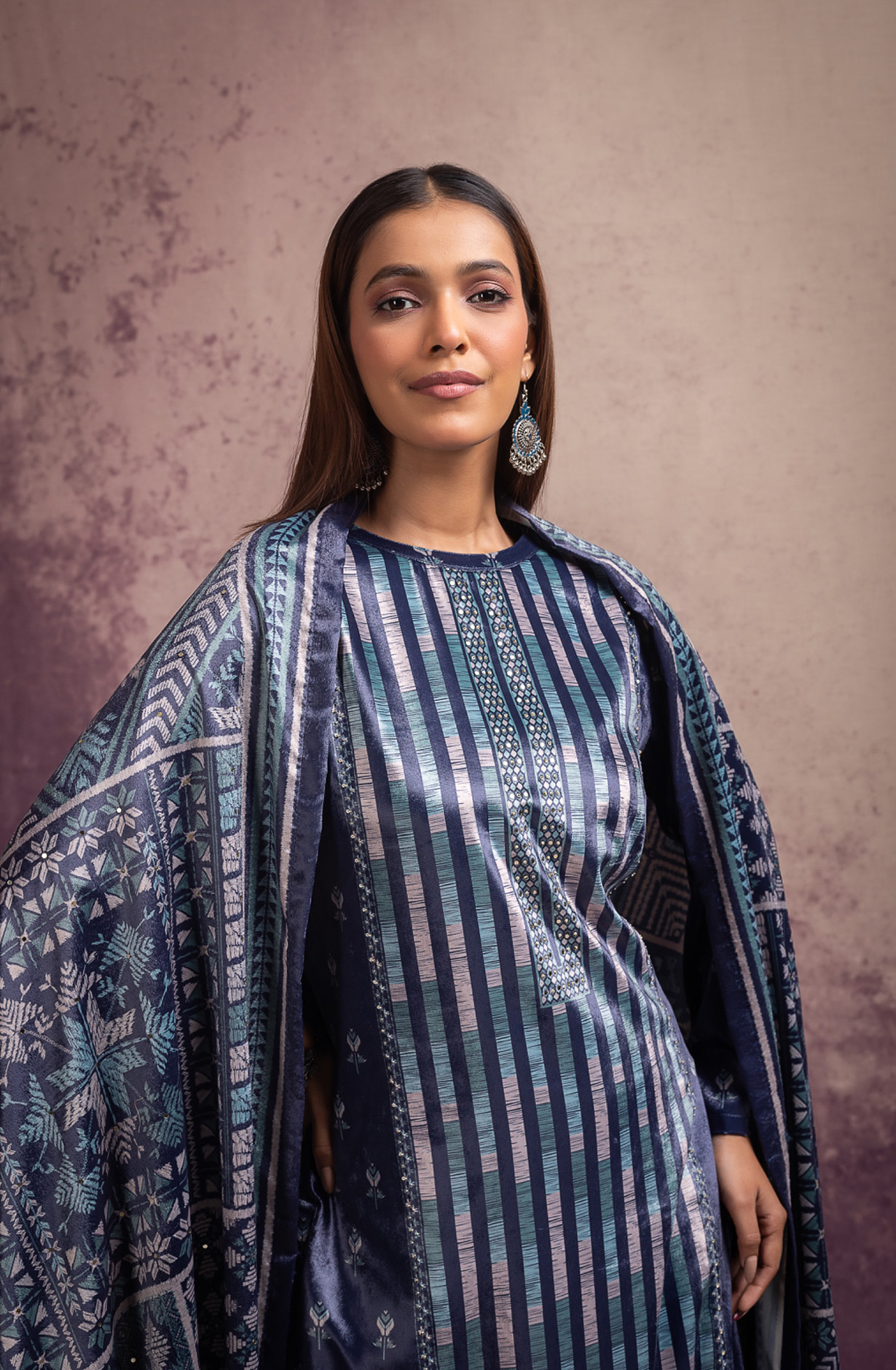 Blue Velvet Suit Set with Velvet Silk Dupatta - DAR2113A