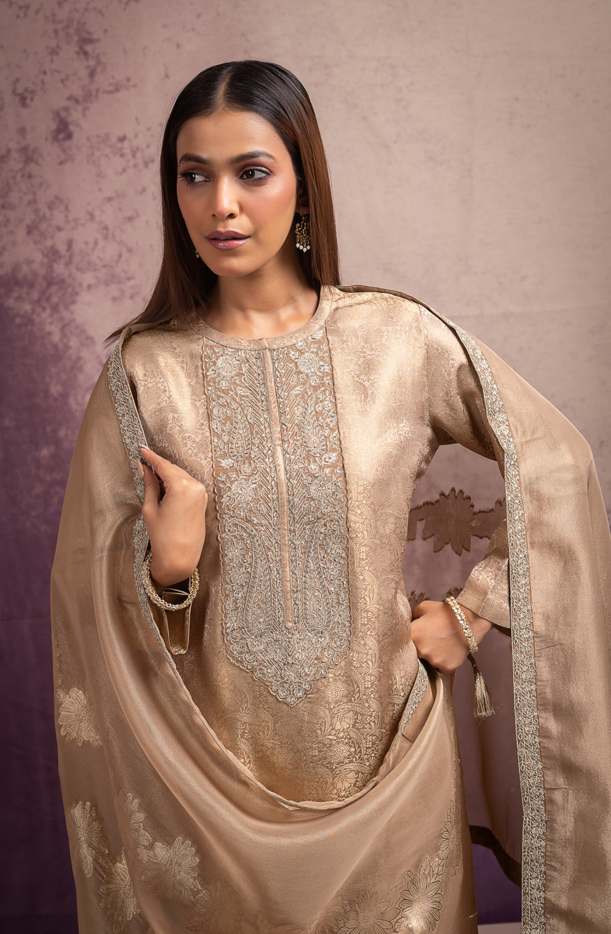 Beige Pure Silk Jacquard Suit Set with Dupatta - MIS2110B