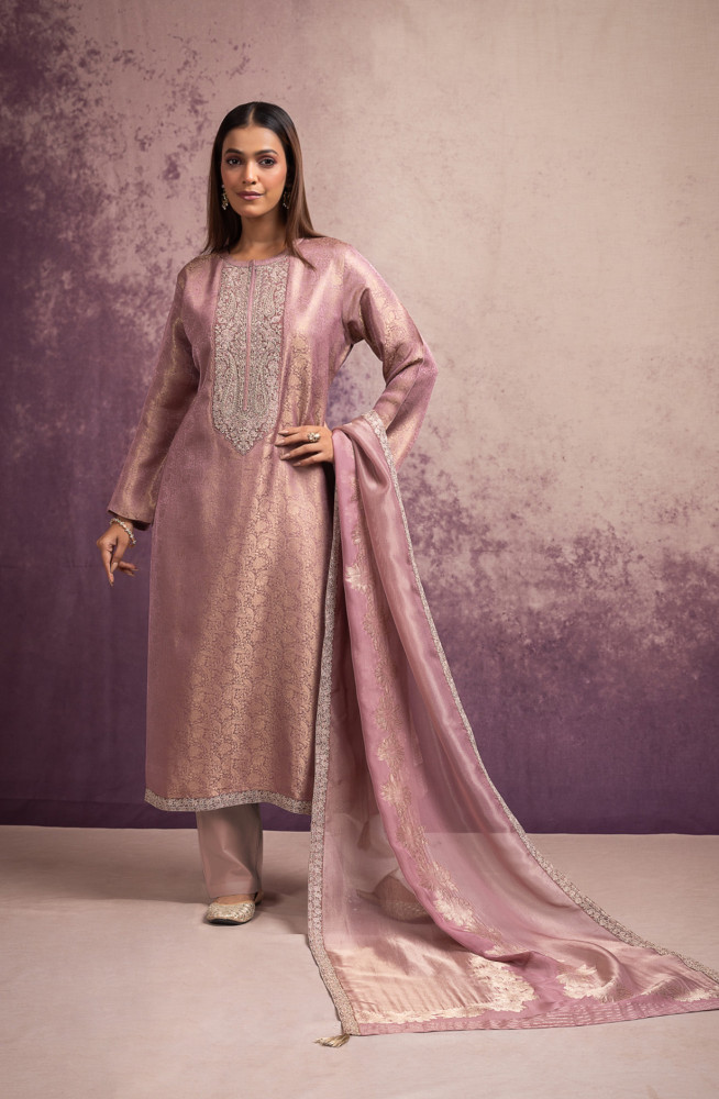 Image of Pink Pure Silk Jacquard Suit Set with Dupatta - MIS2110A