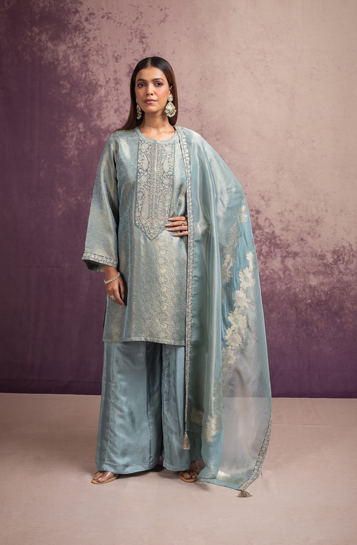Blue Pure Silk Jacquard Suit Set with Dupatta - MIS2110C