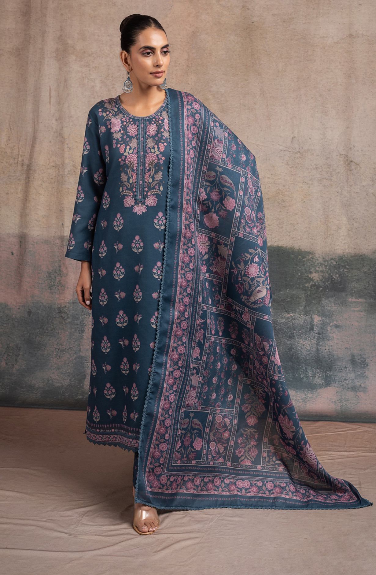 Blue Pashmina Suit set with Pashmina Dupatta- SUF2136B