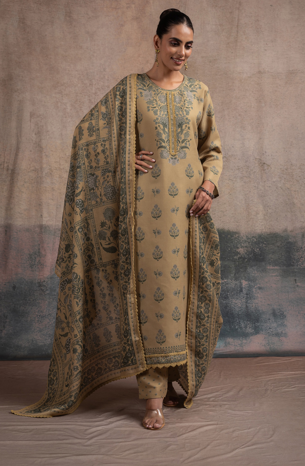 Mustard Pashmina Suit set with Pashmina Dupatta- SUF2136C