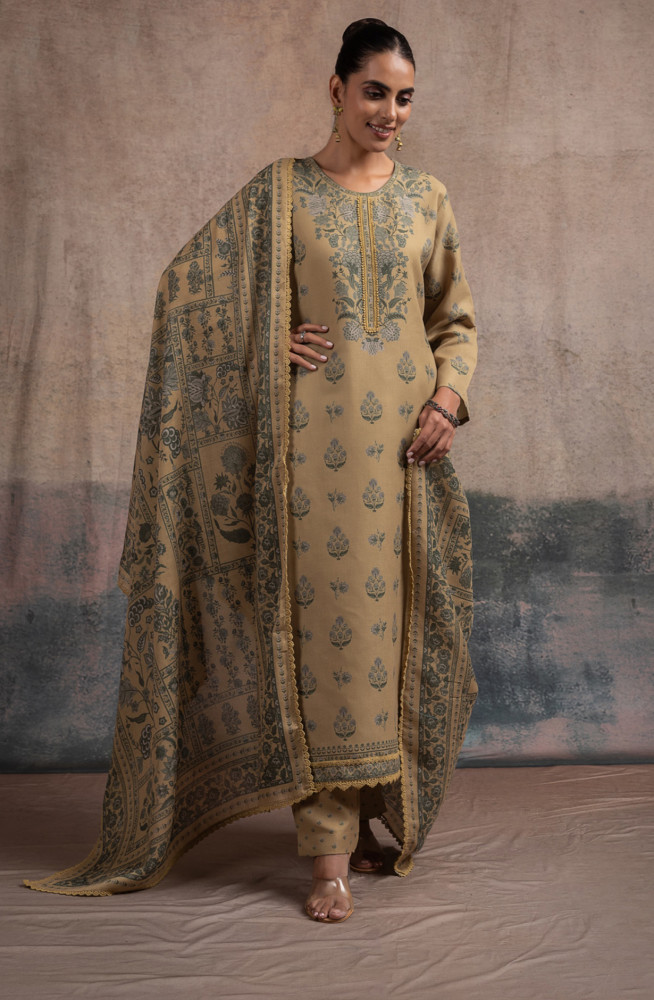 Image of Mustard Pashmina Suit set with Pashmina Dupatta- SUF2136C