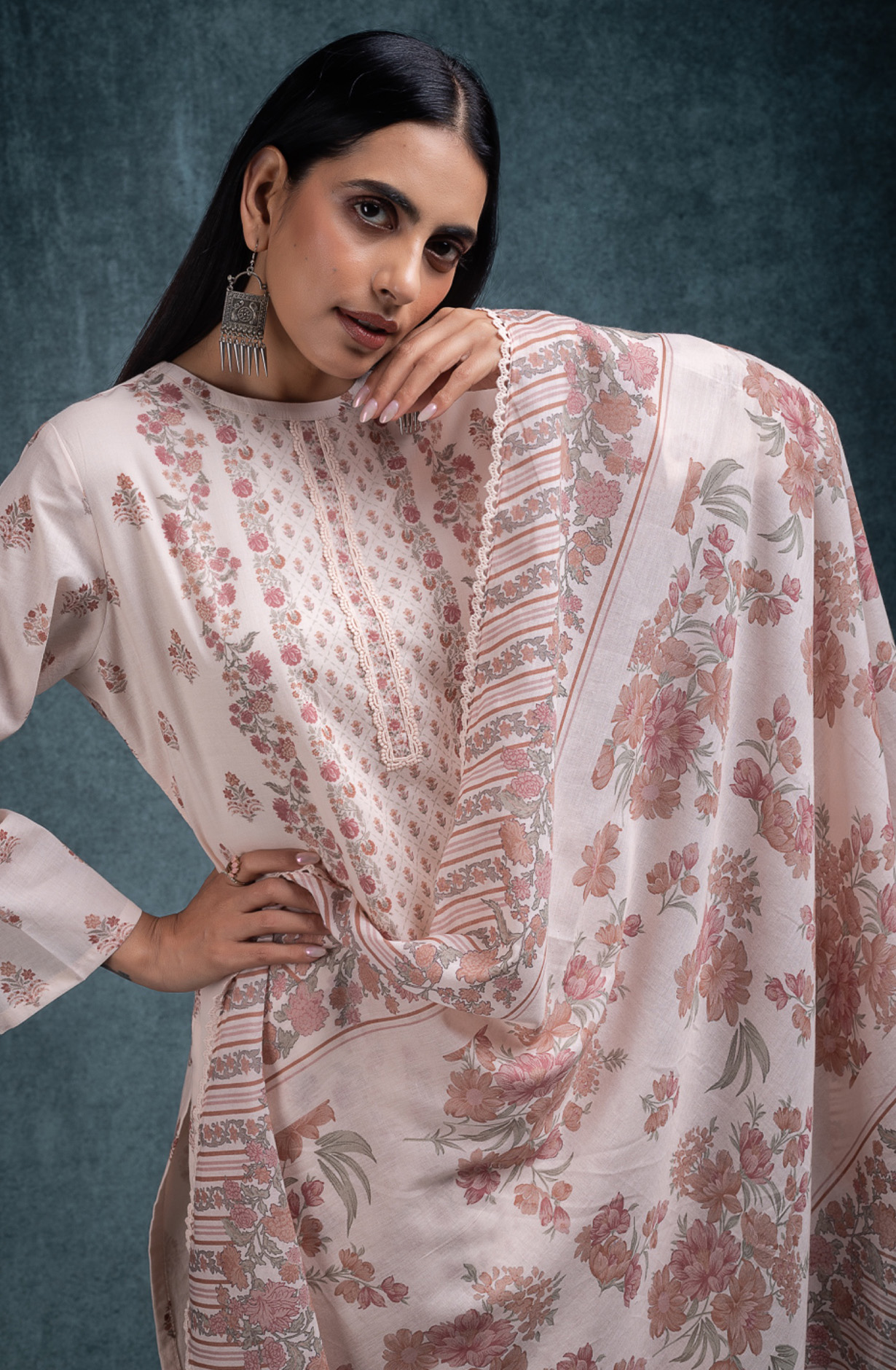 Peach Pure cotton lawn Unstitched Suit Set with Dupatta - SANNT185B