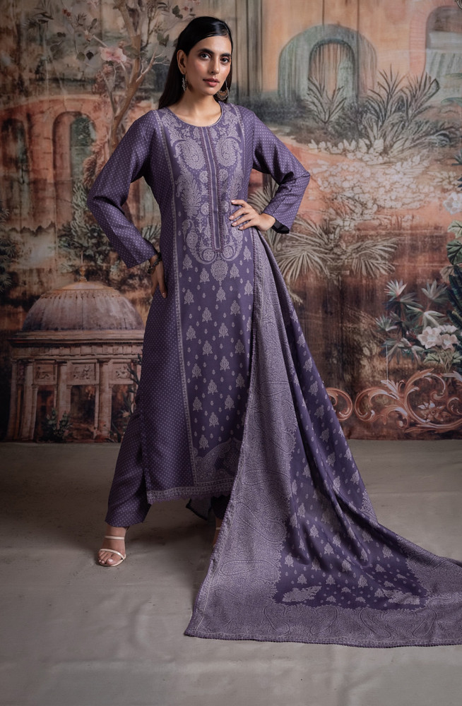 Image of Purple Pashmina Suit set with Pashmina Dupatta- SHA2097A